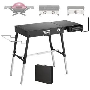 Folding Grill Table 87x45 cm Camping Griddle Stand Fit 43 & 56 cm, for Picnic BBQ Tailgating, Carbon Steel, Adjustable Height, 158 kg, Outdoor Cart with Magnetic Tool Rack and Tissue Holder