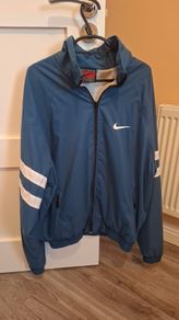 Nike Navy and White Striped Sleeves Windbreaker Jacket