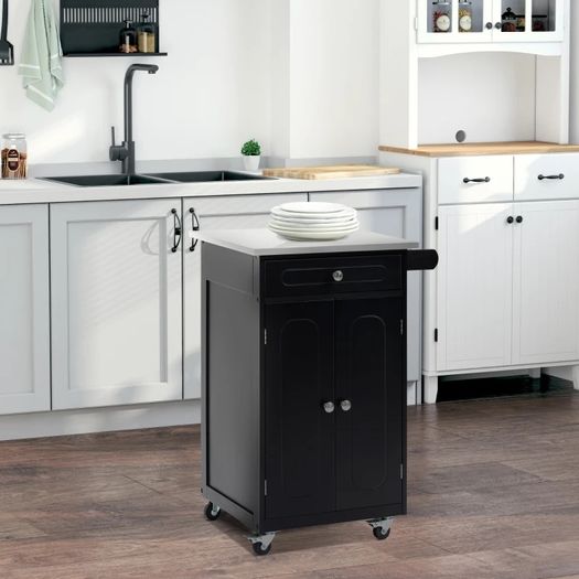Multi-storage wheeled kitchen serving cart, 1 drawer, 2-door cabinet with shelf and towel holder, MDF, black, stainless steel