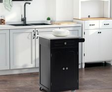 Multi-storage wheeled kitchen serving cart, 1 drawer, 2-door cabinet with shelf and towel holder, MDF, black, stainless steel
