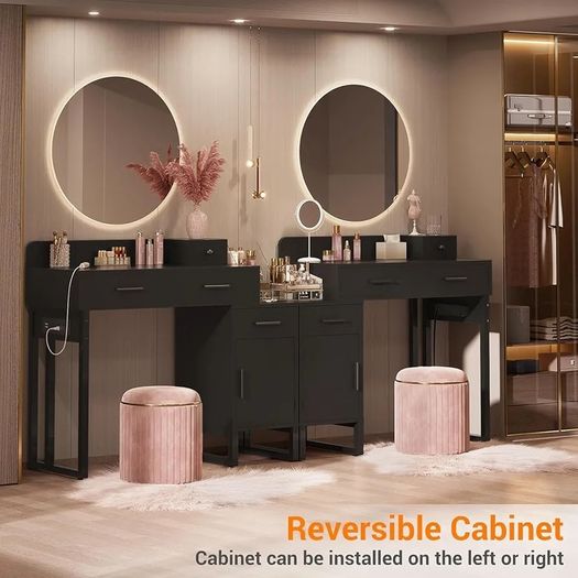 Dressing Table Vanity Desk with 4 Storage Drawers - Modern Makeup Desk with Charging Station, Vanity Desk with Reversible Cabinet Table Set with Divided Organizers for Women Girls