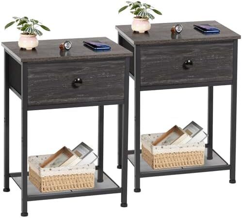 Bedside Table Set of 2, Small Side Table with Fabric Drawer, Sofa Table with Storage Shelf, Nightstand with Metal Frame for Bedroom, Living Room, Dark Grey