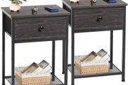 Bedside Table Set of 2, Small Side Table with Fabric Drawer, Sofa Table with Storage Shelf, Nightstand with Metal Frame for Bedroom, Living Room, Dark Grey