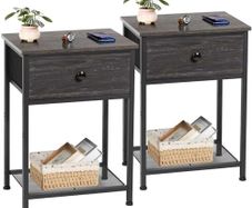 Bedside Table Set of 2, Small Side Table with Fabric Drawer, Sofa Table with Storage Shelf, Nightstand with Metal Frame for Bedroom, Living Room, Dark Grey