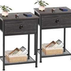 Bedside Table Set of 2, Small Side Table with Fabric Drawer, Sofa Table with Storage Shelf, Nightstand with Metal Frame for Bedroom, Living Room, Dark Grey