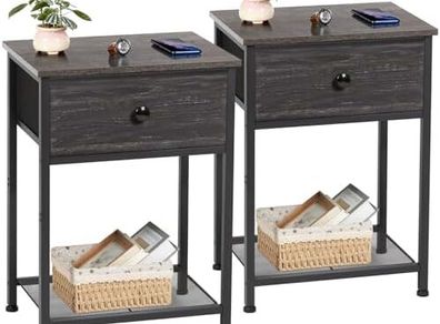 Bedside Table Set of 2, Small Side Table with Fabric Drawer, Sofa Table with Storage Shelf, Nightstand with Metal Frame for Bedroom, Living Room, Dark Grey