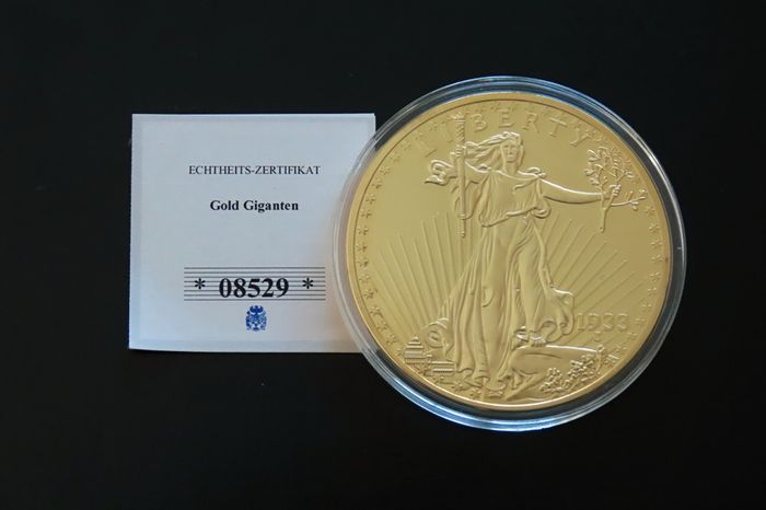 24K Gold Layered Giant (110 grams) Commemorative Replica 2012 of Gold Double Eagle 1933