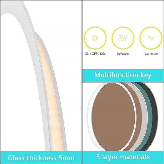 NEW SALE | 600mm Round Bathroom LED Mirror Illuminated Backlit Bathroom Circle Mirror with LED Lights for Wall Touch Switch Demister 3 LED Light Color Dimmable