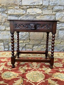 Antique Carved Oak Side Table with Drawer.