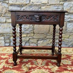 Antique Carved Oak Side Table with Drawer.