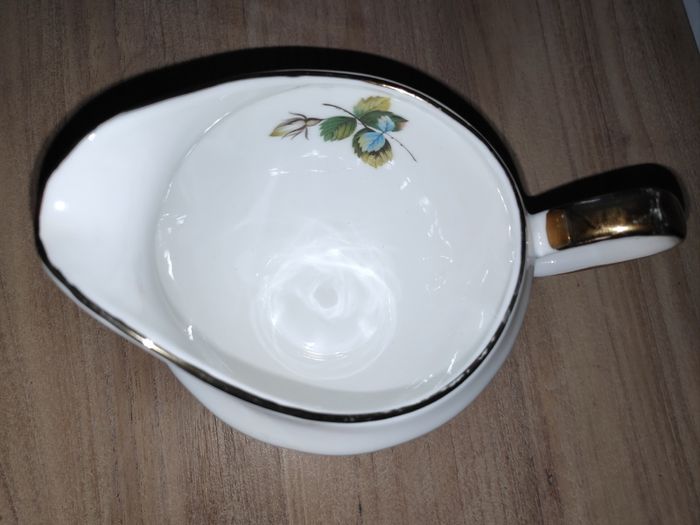 Vintage bone china Clare milk jug/creamer with blue & green leaves pattern & gilt bands & handle