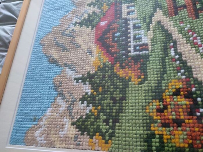 Framed cross stitch Mountain Scene