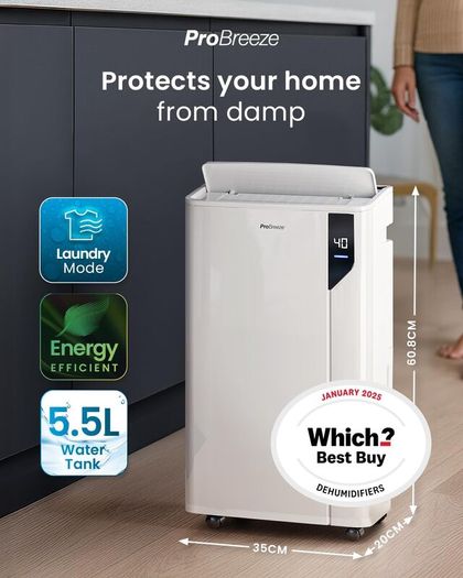 Pro Breeze 20L/Day Compressor Dehumidifier - Energy Efficient with Laundry Mode, Humidity Sensor, Carbon Air Filter for Mould, Damp & Moisture, for Home & Bedroom - WHICH? BEST BUY DEHUMIDIFIER AWARD