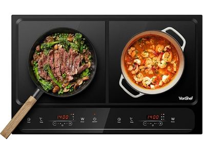 Double Induction Hob 2800W Portable Dual, Twin Plate Electric Table Top with LED Display, Built-In Timer, 10 Heat Settings 60-240 C - Black