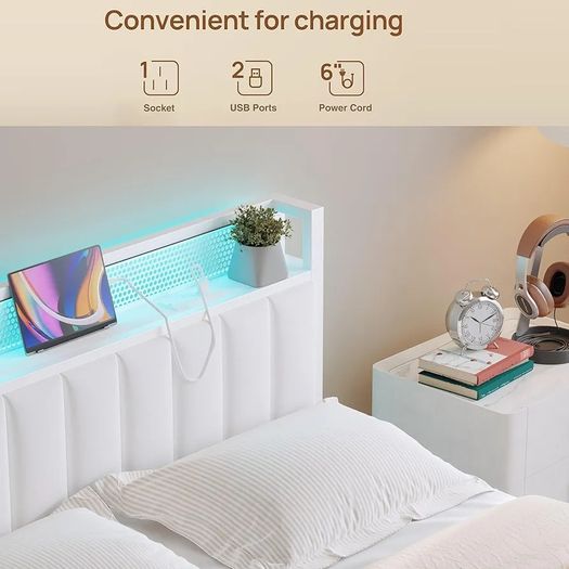 Double Bed Frame with Storage Upholstered Headboard,LED Lights,4ft6 Heavy Duty Metal Bed Frame Double Beds with Charging Station,No Box Spring Needed,Strong Steel Slats Support,White Velvet