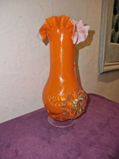 1960's Orange ruffled blown glass vase