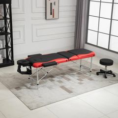 Foldable Portable Massage Table, Professional Spa Bed with Headrest, Adjustable Height, Aluminium Frame, Black and Red