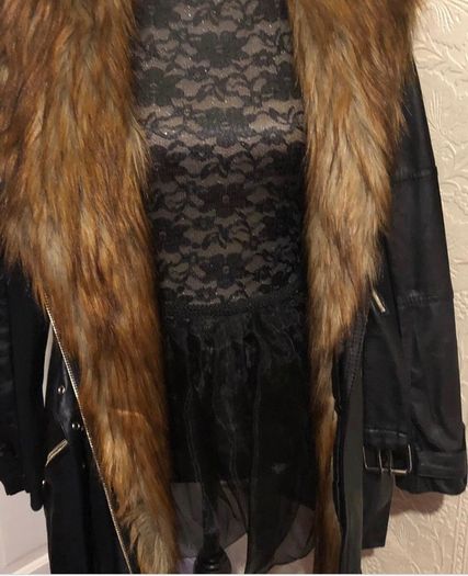 River Island heavy leather coat with detachable fur
