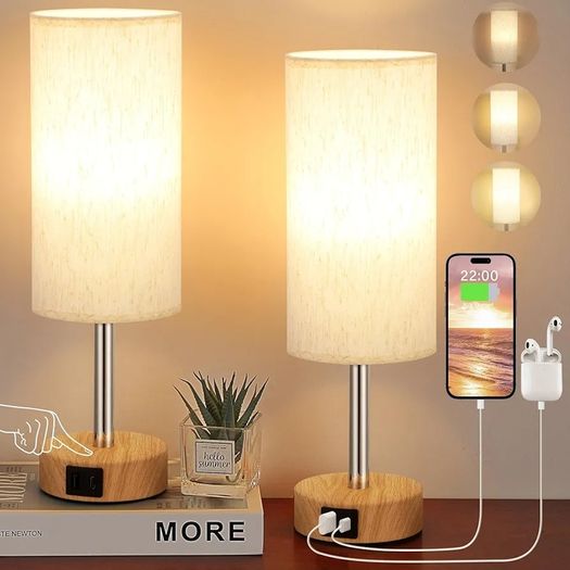 Bedside Lamps Set of 2 Touch Table Lamps with USB-C USB-A Charging Ports, 3 Way Dimmable Bedside Lamp for Bedrooms, Small Touch Lamps for Living Room (Bulb Included