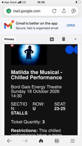 3 X stalls seat tickets to Matilda the musical