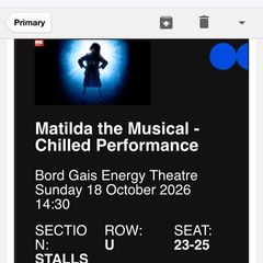 3 X stalls seat tickets to Matilda the musical