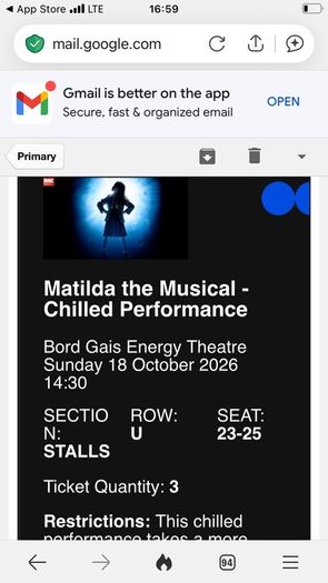 3 X stalls seat tickets to Matilda the musical