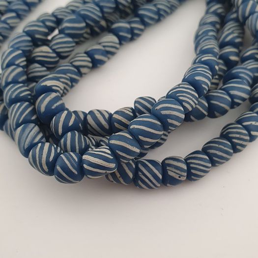 Vintage African Style White Stripe Blue 7mm -8mm Glass Beads Necklace Strand
