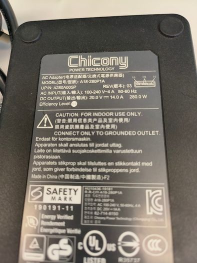 Genuine Chicony 20V 14A 280W AC Adapter A18-280P1A Charger For MSI Gaming Laptop/ Used