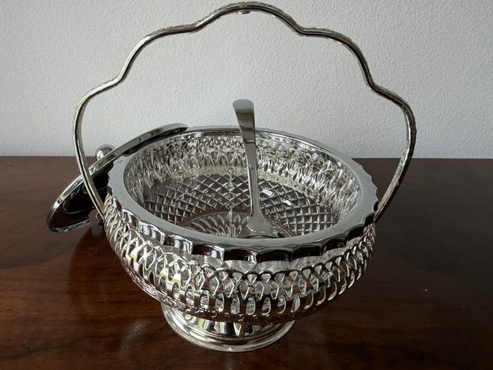 Vintage Glass Preserve / Jam Bowl with Metal Basket, Lid & Spoon