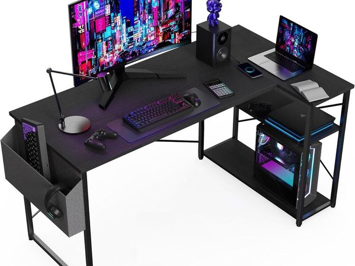 L Shaped Gaming Desk 100x70 cm Computer with Storage Bag Office Small Writing Table Large Reversible Shelves Workstation for Study Play Work Home Black