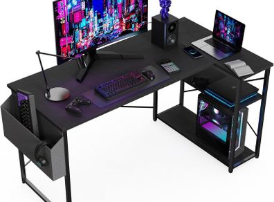 L Shaped Gaming Desk 100x70 cm Computer with Storage Bag Office Small Writing Table Large Reversible Shelves Workstation for Study Play Work Home Black