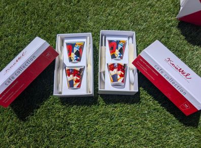 Graham Knuttel Designer ceramic Egg Cups & Spoons x4 BNIB