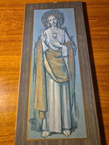Vintage Sacred Heart of Jesus Picture on Wood.