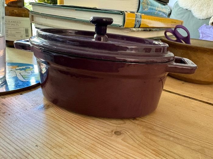 Three Unused Purple Iron Enamel Mini Casseroles