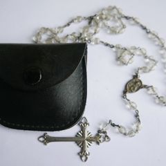 Antique Clear Crystal Rosary,  Leather Pouch