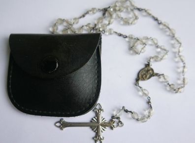 Antique Clear Crystal Rosary,  Leather Pouch