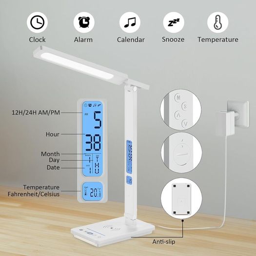 LED Desk Lamp with Wireless Charger & USB Charging Port, 5 Colors 5 Brightness Dimmable Eye-Caring Table Lamp with Night Light, LCD Screen Clock Temperature Timer Touch Control Bedside Lam
