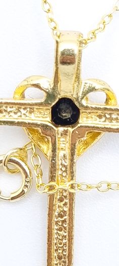 Vintage 18kt Gold On Sterling Silver Black Spinel Cross Necklace