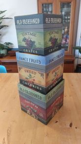 Fabulous Set of Three Large Graduated Stackable Nesting Storage Boxes by Quality Manufacturer Bob's Boxes/Lang Paper Co. with "Fancy Fruits" Artwork by Kimberly Poloson