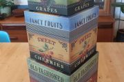 Fabulous Set of Three Large Graduated Stackable Nesting Storage Boxes by Quality Manufacturer Bob's Boxes/Lang Paper Co. with "Fancy Fruits" Artwork by Kimberly Poloson