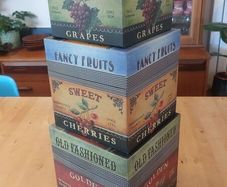 Fabulous Set of Three Large Graduated Stackable Nesting Storage Boxes by Quality Manufacturer Bob's Boxes/Lang Paper Co. with "Fancy Fruits" Artwork by Kimberly Poloson