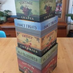 Fabulous Set of Three Large Graduated Stackable Nesting Storage Boxes by Quality Manufacturer Bob's Boxes/Lang Paper Co. with "Fancy Fruits" Artwork by Kimberly Poloson