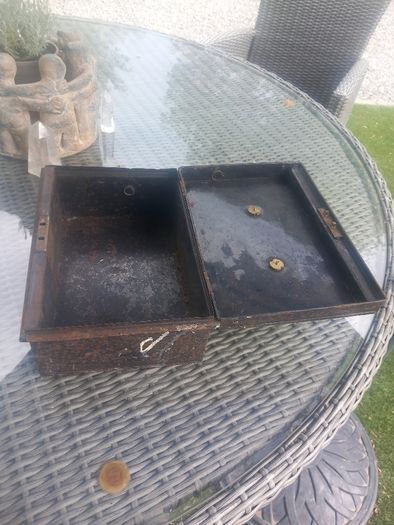 Antique Irish metal money box, prop, theatre TV, D18