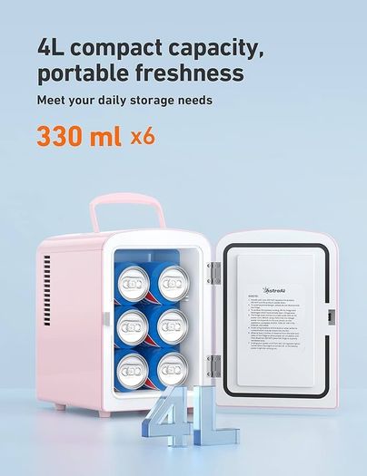 NEW SALE | Mini Fridge 4 Litre, 6 Can Portable AC+DC Power Cooler & Warmer, for Bedrooms, Cars, Offices; Skincare, Makeup, Cosmetics, Food
