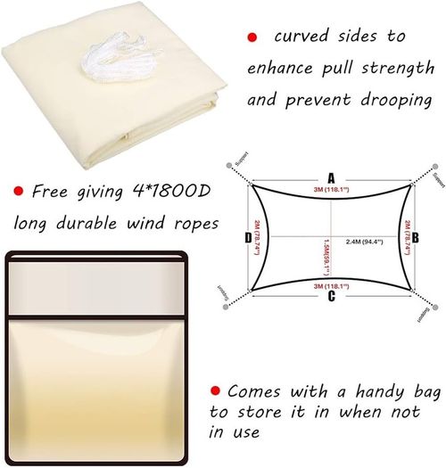 MULTIPLE SIZES/COLOURS AVAILABLE Sun Shade Sail 2m x 3m Rectangle Shade Sails Waterproof Outdoor Garden Patio Party Sunscreen Awning Canopy 98% UV Block With Free Rope, Cream White