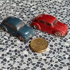 Pair of 1950s Vintage Lego VW Beetle 1200 Volkswagen Lego Car 1:87 HO Blue and Red, very rare.
