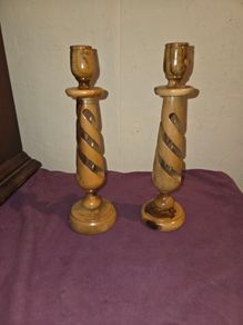 Pair of Olive Wood Spiral Pilar Candlestick Holders