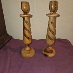 Pair of Olive Wood Spiral Pilar Candlestick Holders