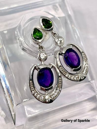 AAA African Amethyst, Natural Chrome Diopside & White Zircon Dangling Push Back Earring in Rhodium Overlay Sterling Silver