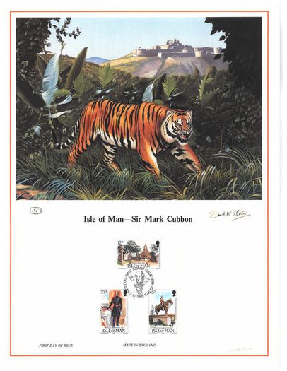 1985 Isle of Man Limited Edition Lithographed Print measuring 333mm X 257mm showing Sir Mark Cubbon 1785-1861 Commemorative Stamp with First Day of Issue Cancel